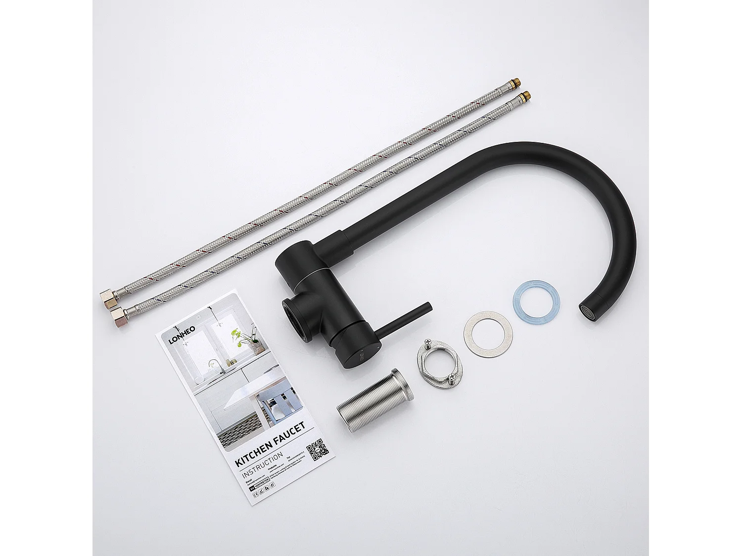 Lonheo Max Mezclador de cocinaE Plegable Negro Giratorio de 360°, ,con Mango Plegable Contra Ventana, Acero Inoxidable, Agua Caliente/Fría,Modelo UE