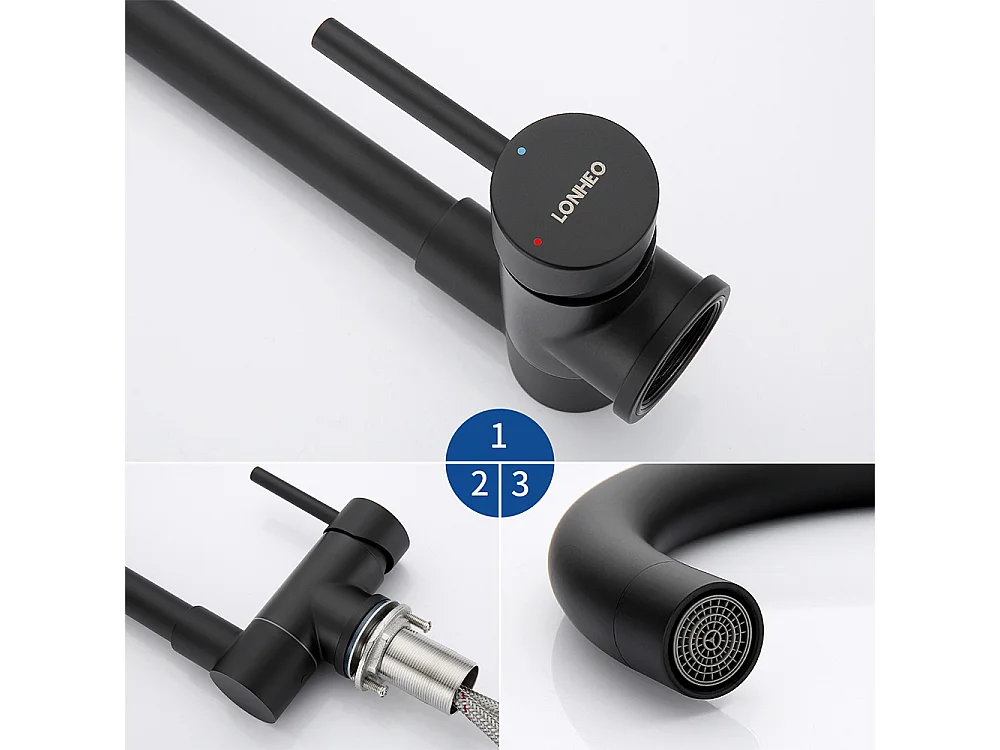 Lonheo Max Mezclador de cocinaE Plegable Negro Giratorio de 360°, ,con Mango Plegable Contra Ventana, Acero Inoxidable, Agua Caliente/Fría,Modelo UE