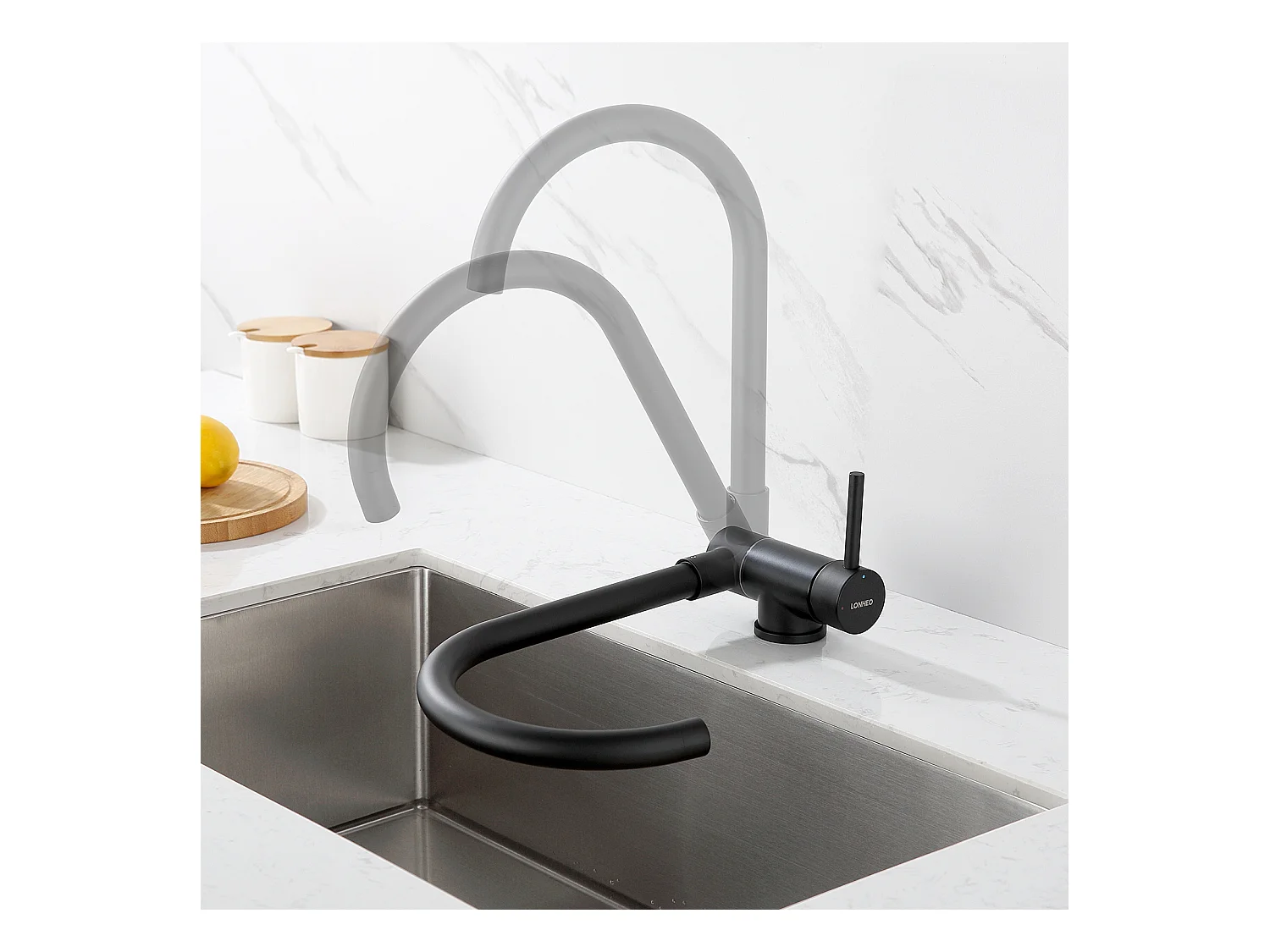 Lonheo Max Mitigeur Cuisine Rabattable Noir Pivotant 360°,Robinet Cuisine avec Poignée Pliable Contre Fenêtre,Acier Inox,Eau Chaude/Froide,EU Modèle