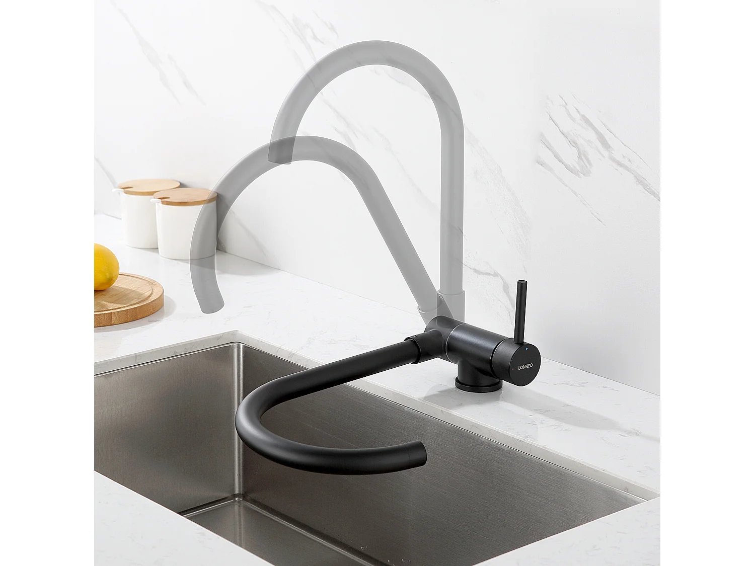 Lonheo Max Mitigeur Cuisine Rabattable Noir Pivotant 360°,Robinet Cuisine avec Poignée Pliable Contre Fenêtre,Acier Inox,Eau Chaude/Froide,EU Modèle