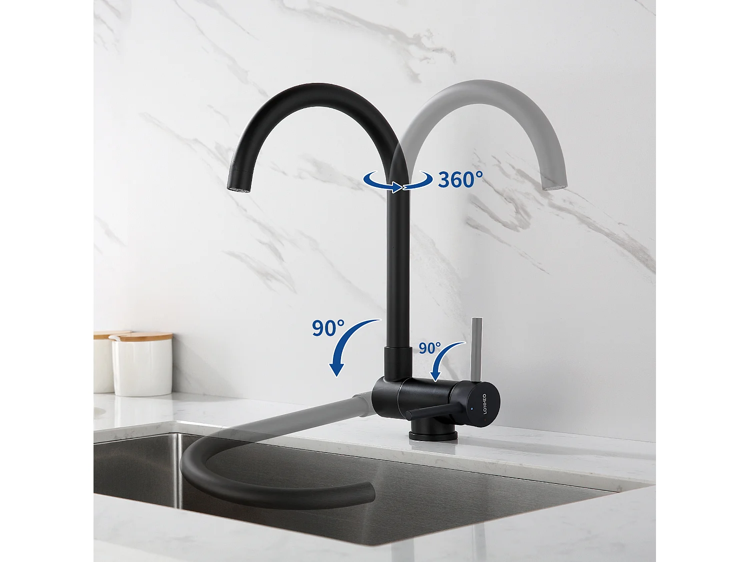 Lonheo Max Mitigeur Cuisine Rabattable Noir Pivotant 360°,Robinet Cuisine avec Poignée Pliable Contre Fenêtre,Acier Inox,Eau Chaude/Froide,EU Modèle