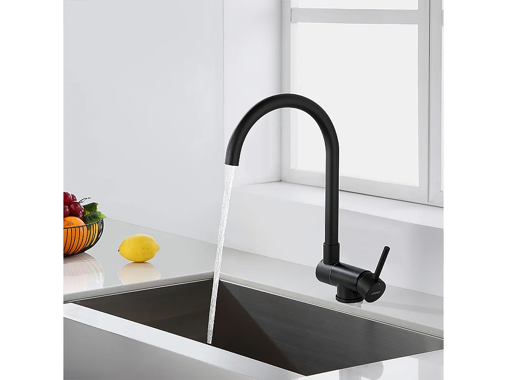 Lonheo Max Mitigeur Cuisine Rabattable Noir Pivotant 360°,Robinet Cuisine avec Poignée Pliable Contre Fenêtre,Acier Inox,Eau Chaude/Froide,EU Modèle