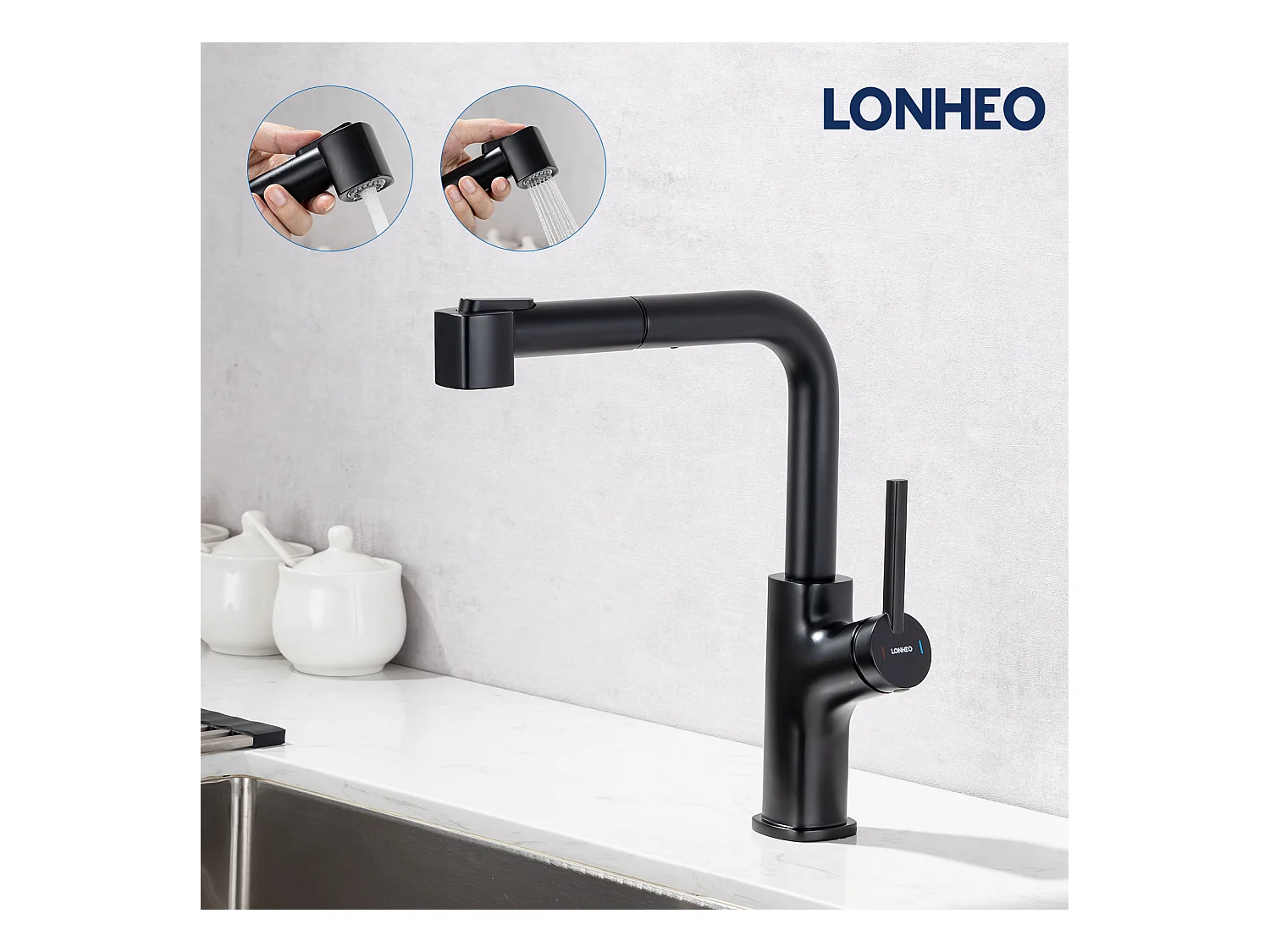 Robinet de Cuisine Noir avec Douchette Extractible Mitigeur de Cuisine 2 Jets Eau Froide et Chaude Mélangeur de Cuisine Evier
