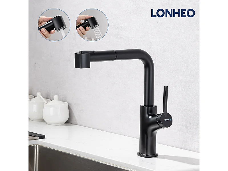 Robinet de Cuisine Noir avec Douchette Extractible Mitigeur de Cuisine 2 Jets Eau Froide et Chaude Mélangeur de Cuisine Evier