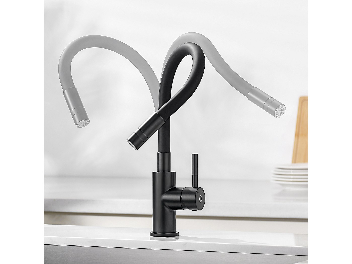 Rubinetto Cucina Nero In Acciaio Inox Con Tubo Flessibile - 2 Getti D'Acqua, Orientabile 360&deg; Per Lavello Singolo O Doppio