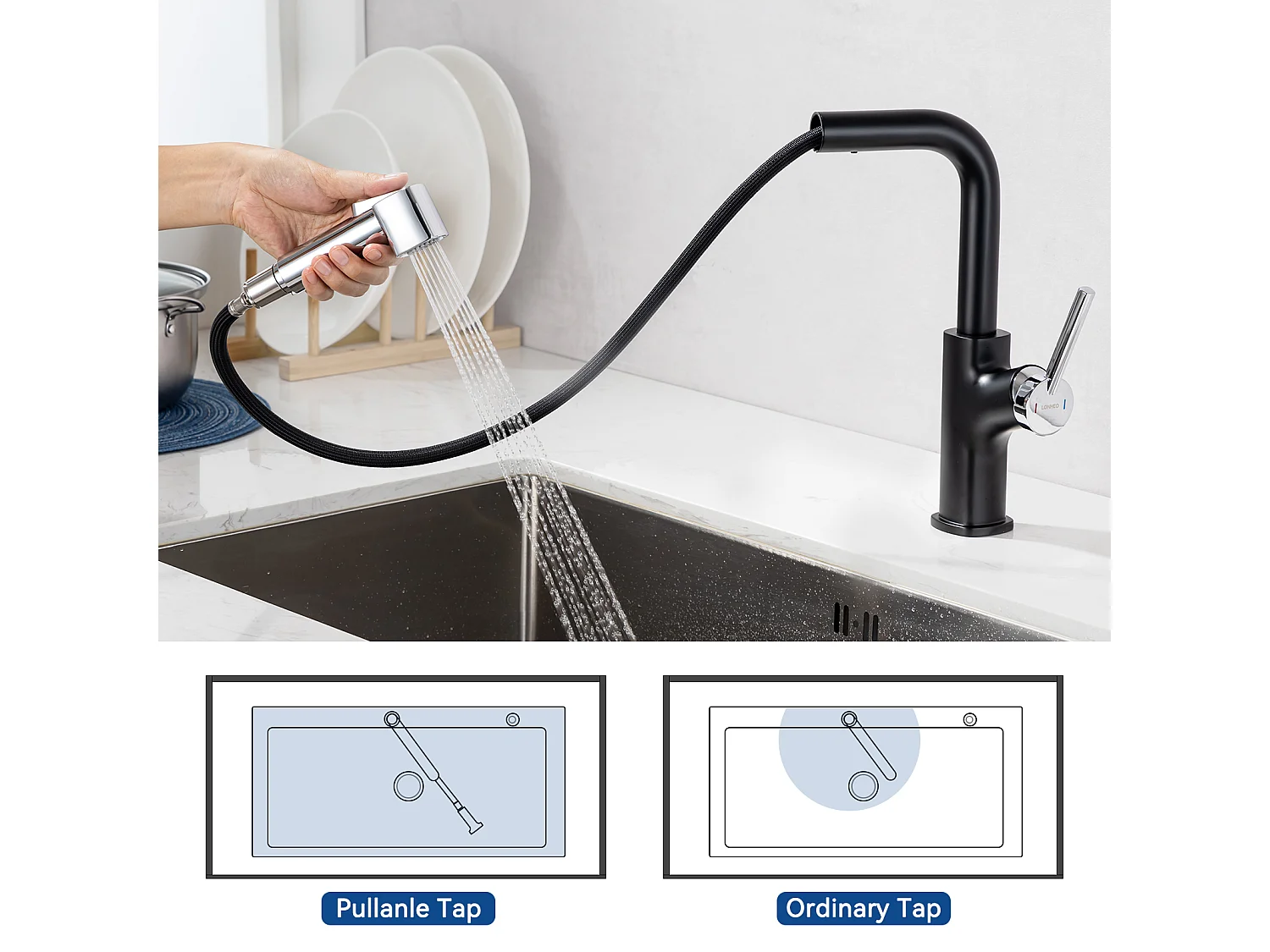 Robinet Cuisine avec Douchette Mitigeur évier Extractible 2 Jets Mitigeur Evier Bec Haut Pivotant 360° Acier Inox avec Barboteur Démotable,EU Modèle