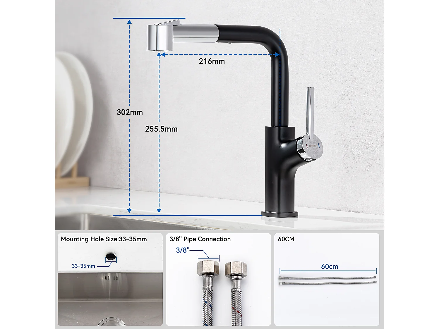 Robinet Cuisine avec Douchette Mitigeur évier Extractible 2 Jets Mitigeur Evier Bec Haut Pivotant 360° Acier Inox avec Barboteur Démotable,EU Modèle