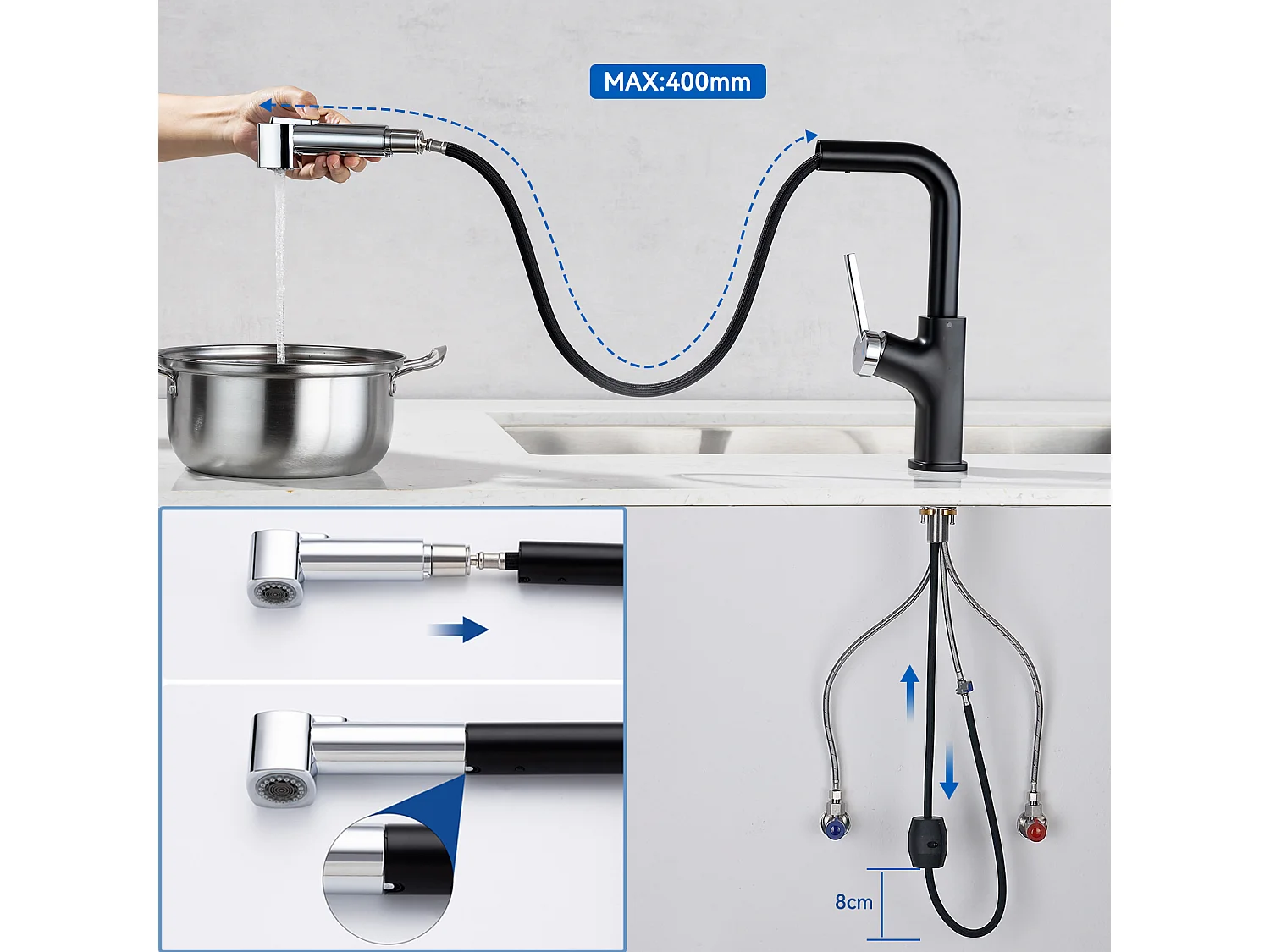 Robinet Cuisine avec Douchette Mitigeur évier Extractible 2 Jets Mitigeur Evier Bec Haut Pivotant 360° Acier Inox avec Barboteur Démotable,EU Modèle