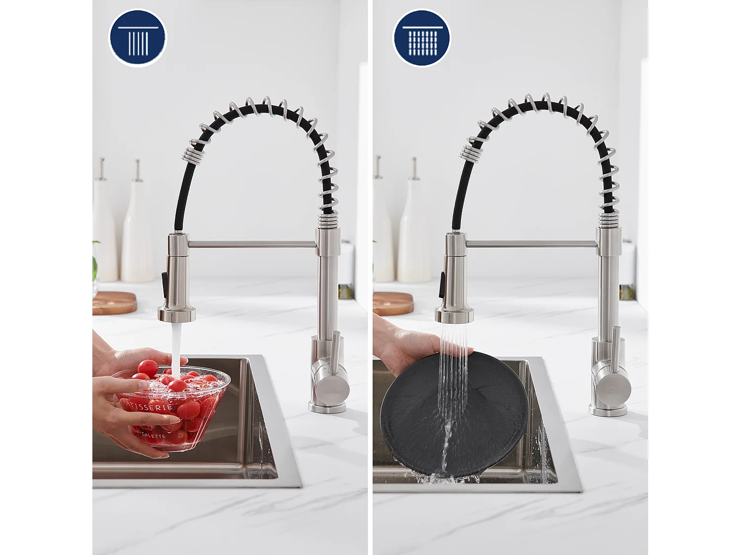 Mitigeur de Cuisine Brossé AuraLum Max pivotant 360° avec Tête Pulvérisation Rétractable,Robinet Cuisine à ressort,Inoxydable,Double Mode,EU Modèle