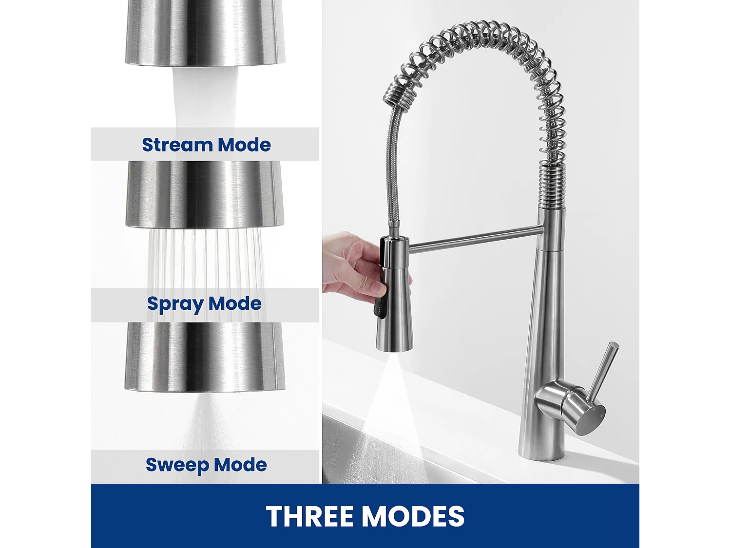 2PCS Mitigeur Cuisine à Ressort avec 3 Modes de Sortie D'eau - Mitigeur de Evier avec Douchette Extractible Robinet Cuisine Pivotant à 360° Brossé