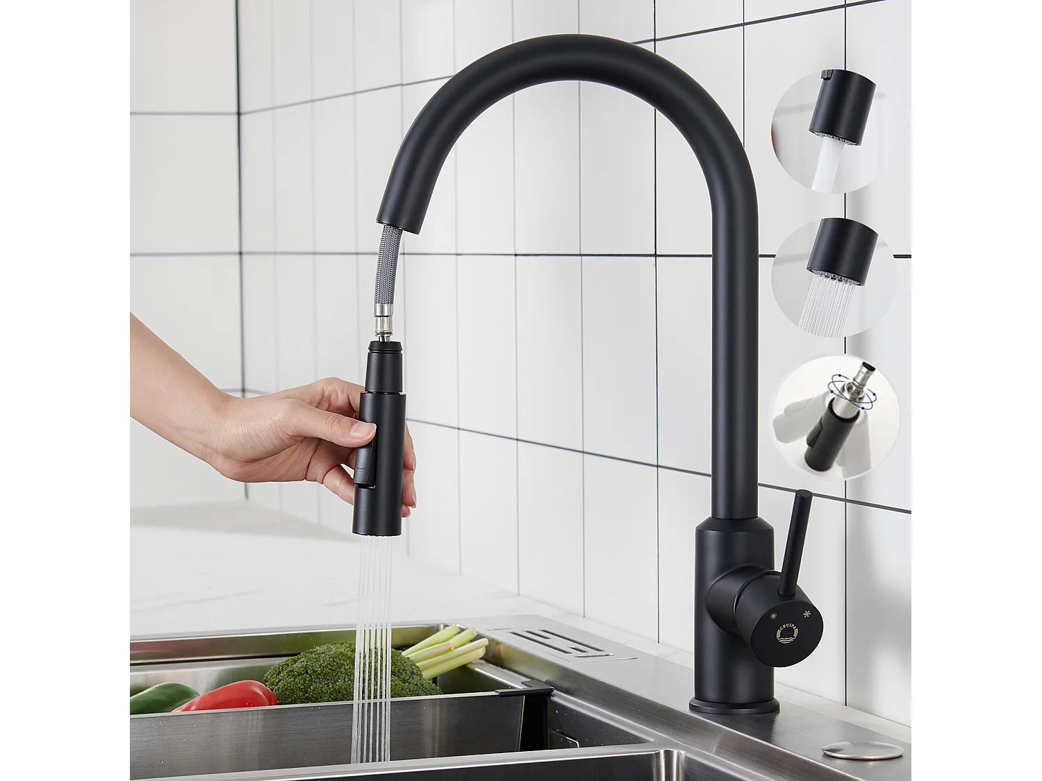 Cecipa max Grifo de cocina extraíble negro, mezclador de cocina con rociador extraíble, mezclador de cocina para fregadero, 2 modos de salida de agua, modelo UE