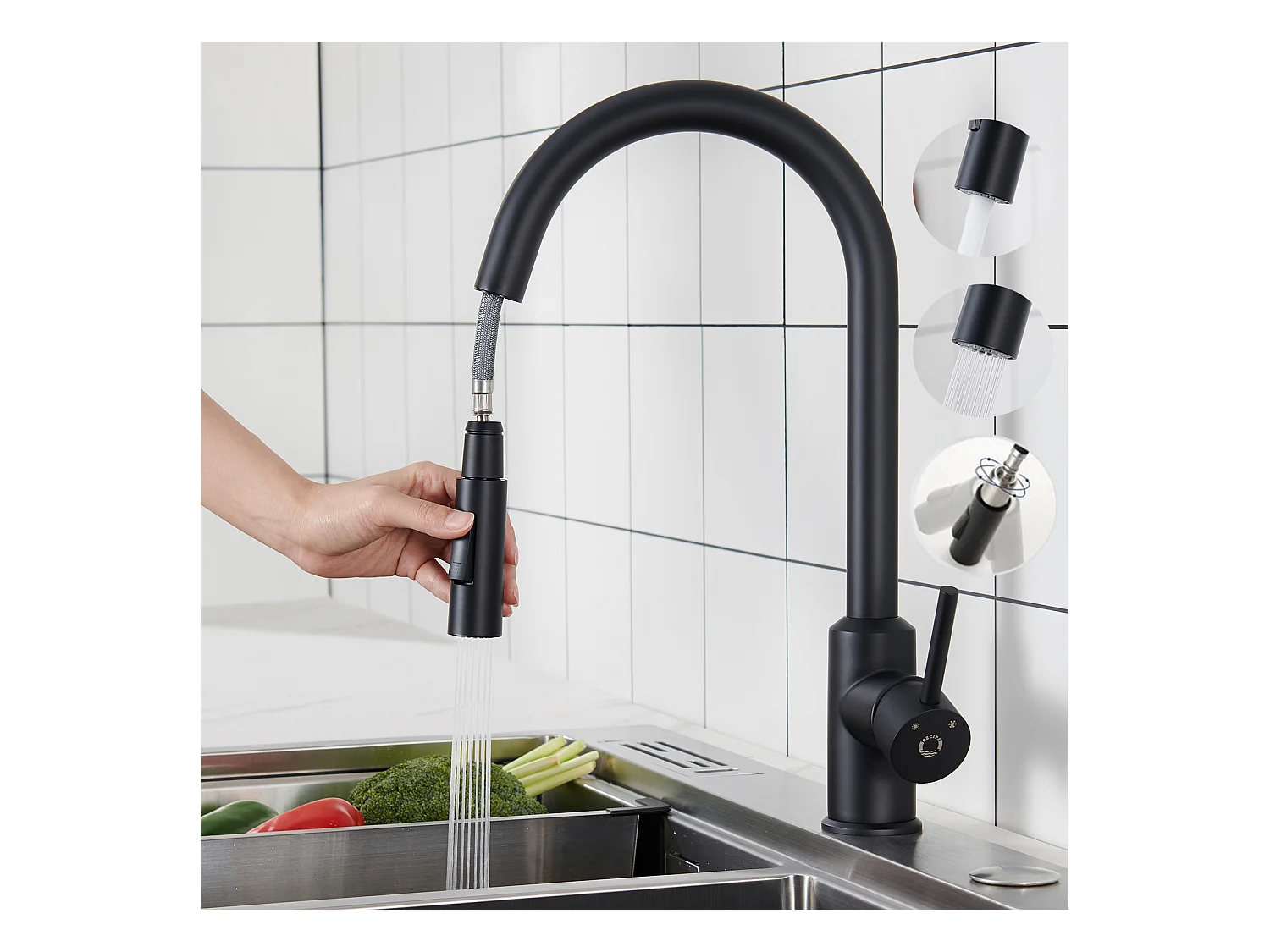 Cecipa max Robinet de Cuisine Extractibl Noir Mitigeur Cuisine avec Douchette Extractible Mitigeur Cuisine d'Évier 2 Modes de Sortie D'eau,EU Modèle