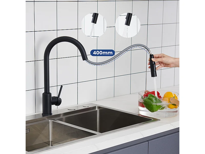 Cecipa max Mitigeur de Cuisine avec Douchette Extractible - Noir - Robinet Cuisine en Inox  Mitigeur d'Évier avec 2 Modes de Sortie D'eau,EU Modèle