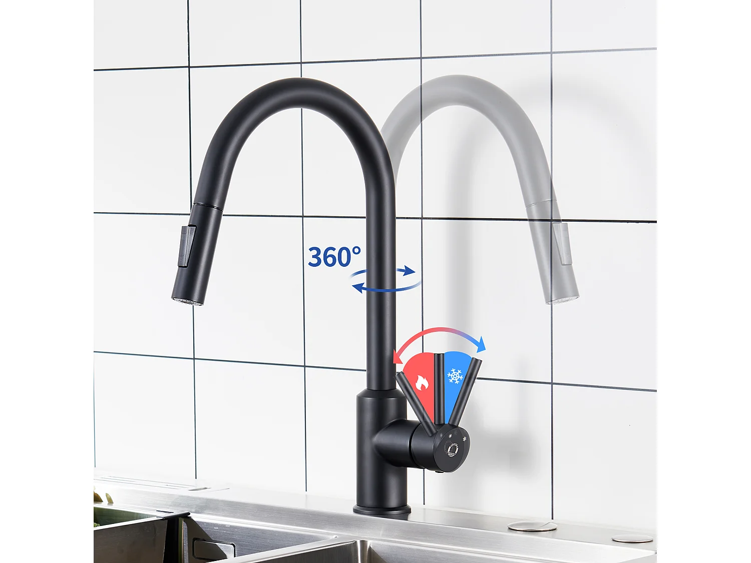 Cecipa max Miscelatore da Cucina con doccetta Estraibile - Nero - Miscelatore per lavello da cucina in Acciaio Inox con 2 modalità di uscita dell'acqua, Modello UE