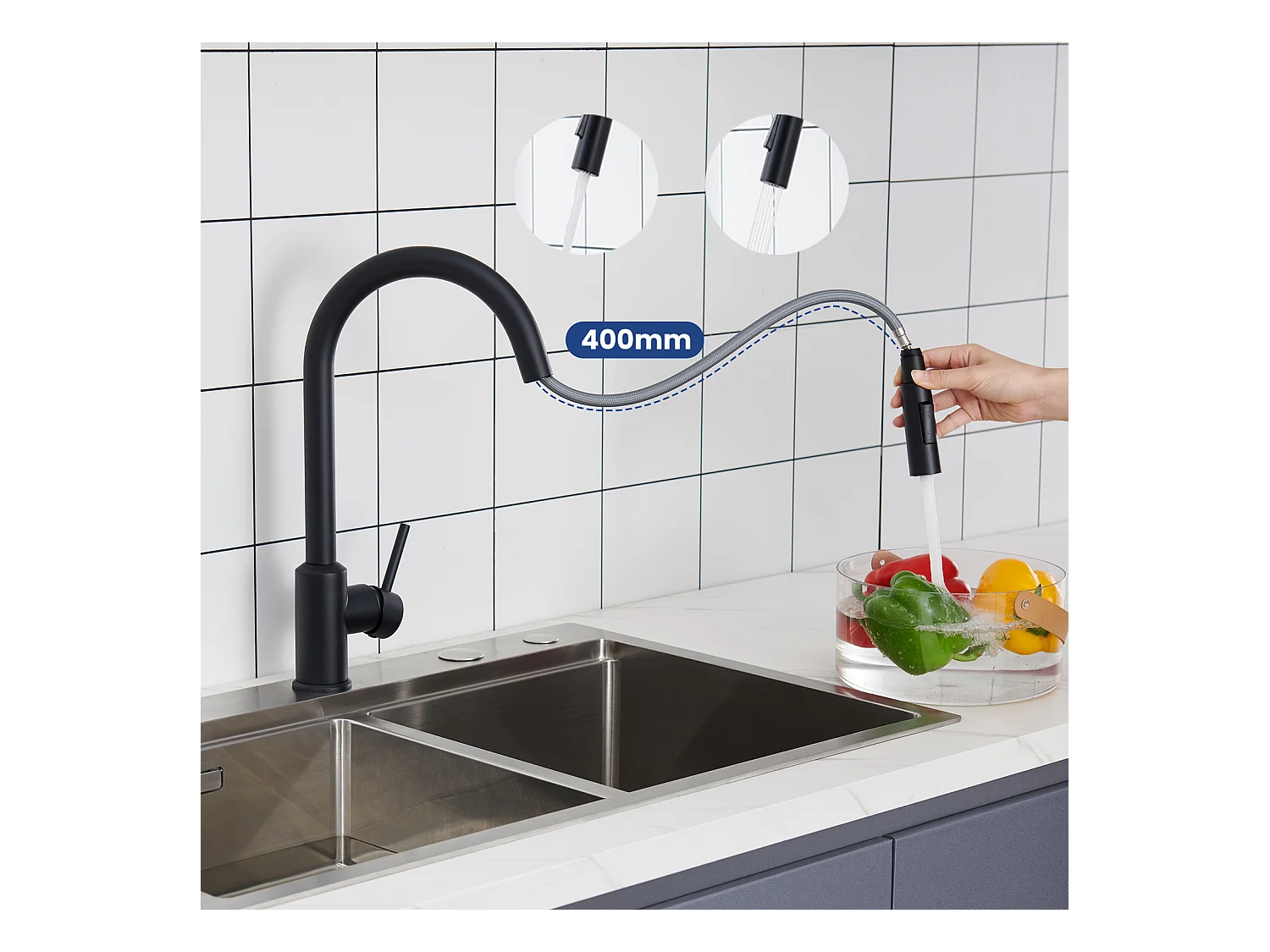 Cecipa max Keukenmengkraan met Uittrekbare Sproeier - Zwart - RVS Keukenkraan Spoelbakmengkraan met 2 Waterafvoermodi, EU-model