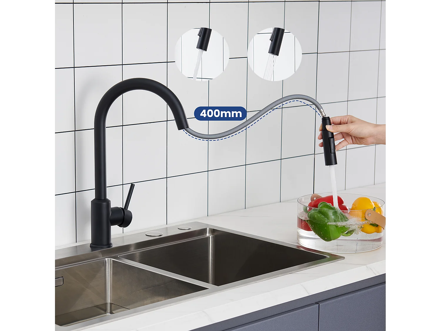 Cecipa max Mitigeur de Cuisine avec Douchette Extractible - Noir - Robinet Cuisine en Inox  Mitigeur d'Évier avec 2 Modes de Sortie D'eau,EU Modèle