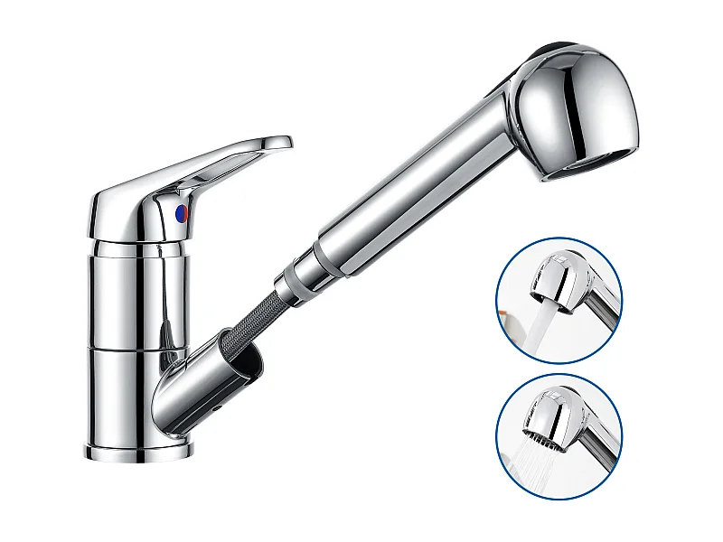 Robinet Cuisine Douchette Extractible,Mitigeur Cuisine en Inox avec Douchette 2 Modes Jet,Bec Bas, Pivotant à 360°, Eau Froid/ Chaud,Chromé