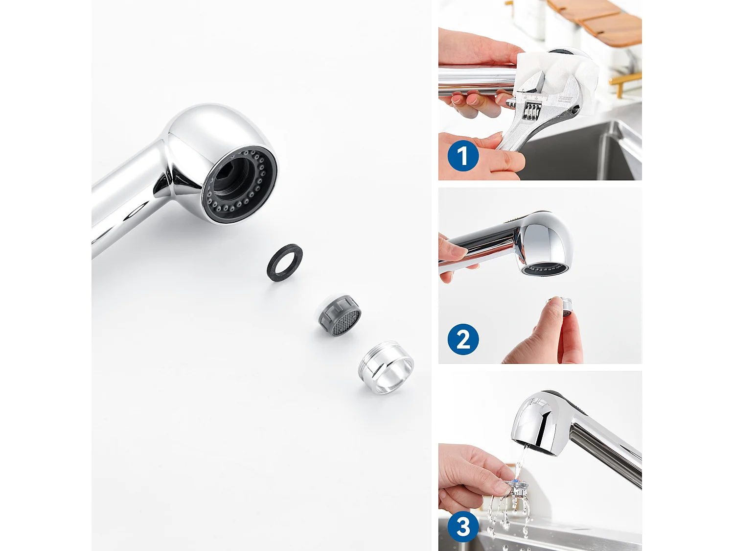 Robinet Cuisine Douchette Extractible,Mitigeur Cuisine en Inox avec Douchette 2 Modes Jet,Bec Bas, Pivotant à 360°, Eau Froid/ Chaud,Chromé