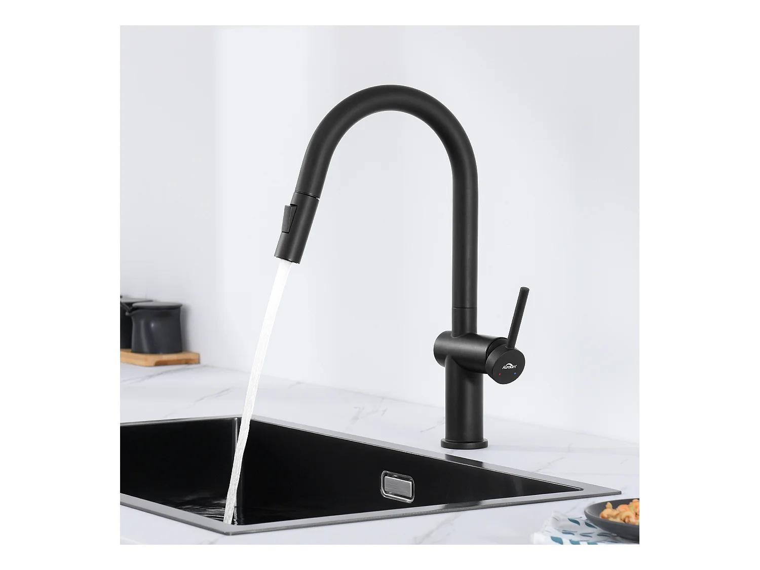AuraLum Max robinet cuisine mitigeur cuisine avec douchette extractible, mitigeur évier cuisine 2 modes jets rotatif à 360 degré Noir,EU Modèle