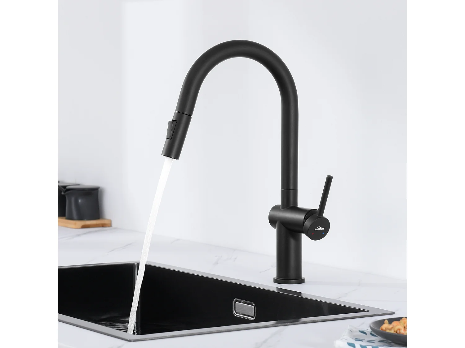 AuraLum Max robinet cuisine mitigeur cuisine avec douchette extractible, mitigeur évier cuisine 2 modes jets rotatif à 360 degré Noir,EU Modèle