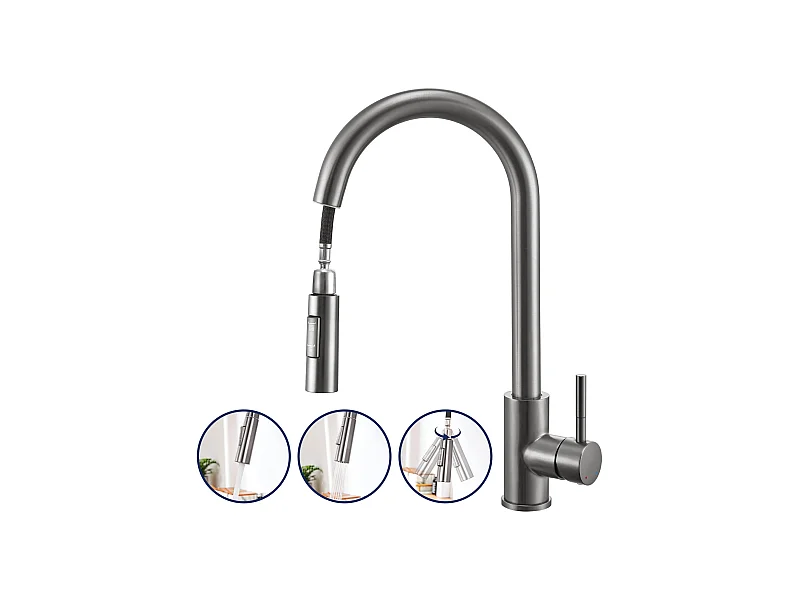 Lonheo Max Robinet de Cuisine Gris avec 2 Fonctions Douchette Extractible Mitigeur Cuisine Rotatif à 360° en Acier Inoxydable,EU Modèle