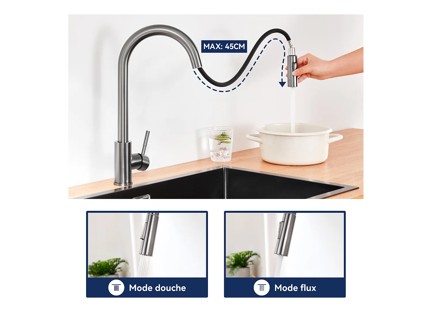 Lonheo Max Keukenkraan Grijs met 2 Functies Uittrekbare Handdouche 360° Draaibare Keukenmengkraan Roestvrij Staal, EU Model