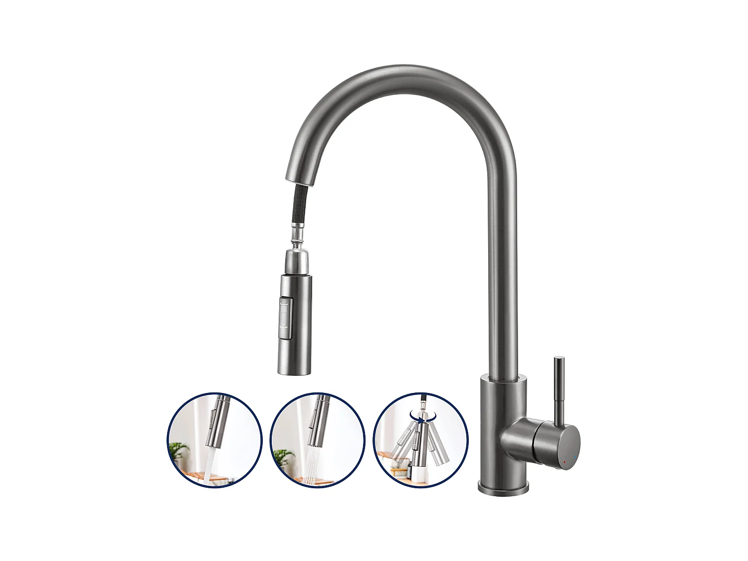 Lonheo Max Robinet de Cuisine Gris avec 2 Fonctions Douchette Extractible Mitigeur Cuisine Rotatif à 360° en Acier Inoxydable,EU Modèle