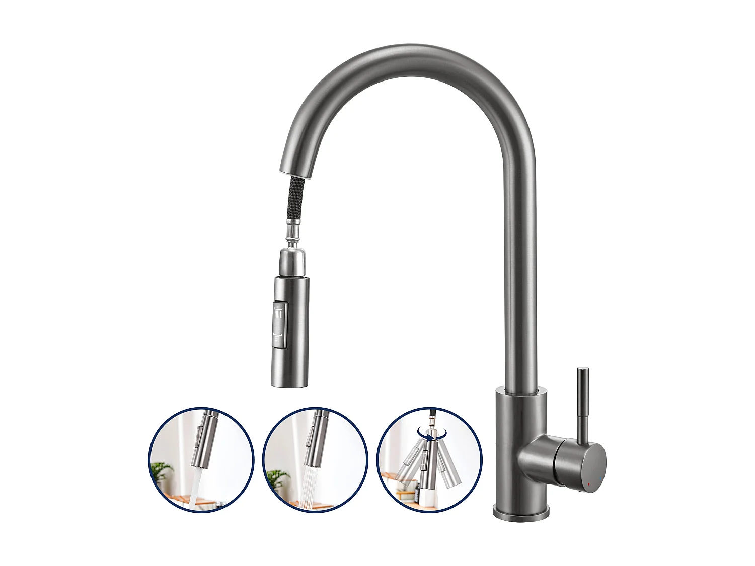 Lonheo Max Robinet de Cuisine Gris avec 2 Fonctions Douchette Extractible Mitigeur Cuisine Rotatif à 360° en Acier Inoxydable,EU Modèle