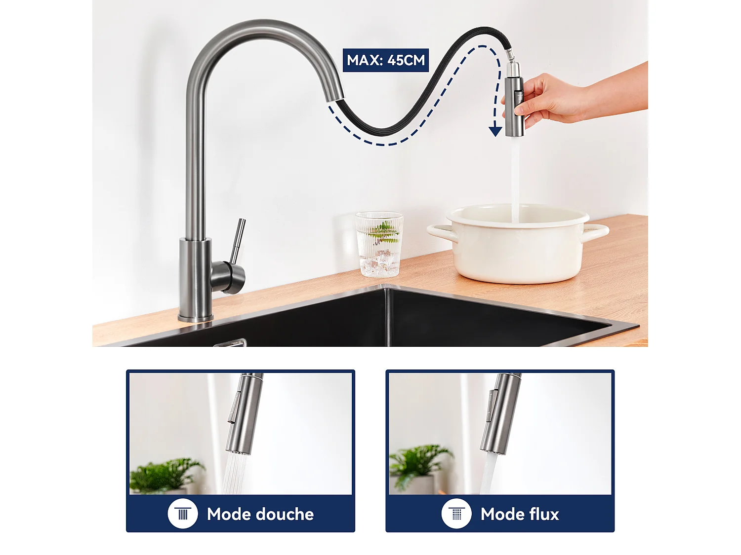 Lonheo Max Robinet de Cuisine Gris avec 2 Fonctions Douchette Extractible Mitigeur Cuisine Rotatif à 360° en Acier Inoxydable,EU Modèle