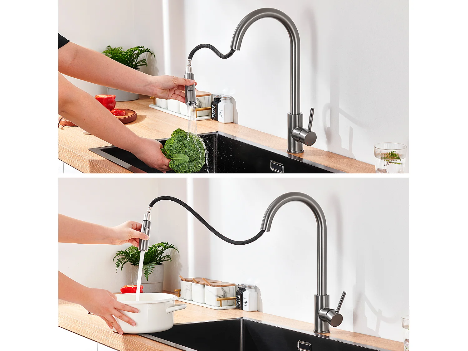 Lonheo Max Robinet de Cuisine Gris avec 2 Fonctions Douchette Extractible Mitigeur Cuisine Rotatif à 360° en Acier Inoxydable,EU Modèle