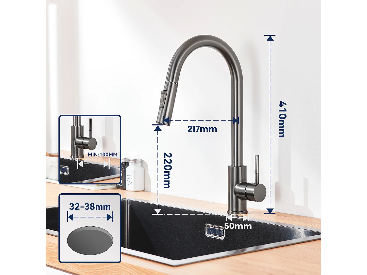 Lonheo Max Robinet de Cuisine Gris avec 2 Fonctions Douchette Extractible Mitigeur Cuisine Rotatif à 360° en Acier Inoxydable,EU Modèle