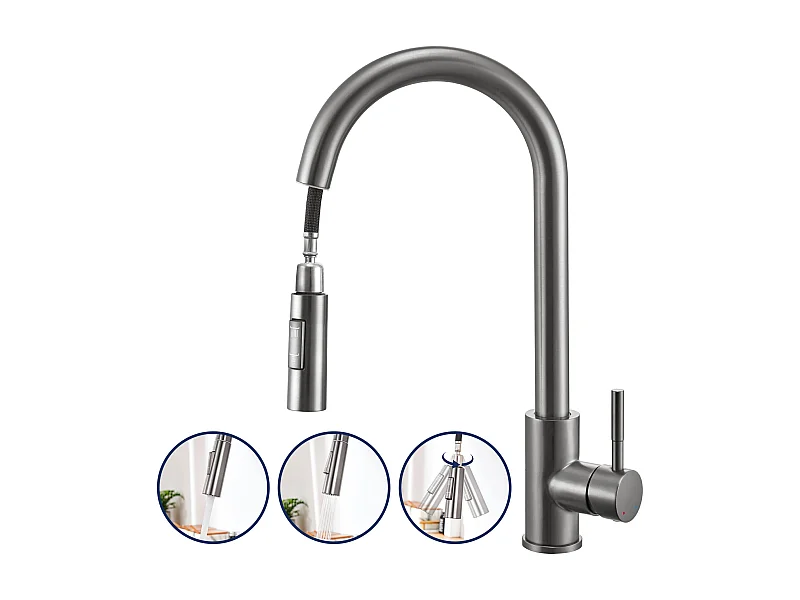 Lonheo Max Grifo de Cocina Gris con 2 Funciones Ducha ExtrActivo Mezclador Cocina Rotativo de 360° de Acero Inoxidable,Modelo UE