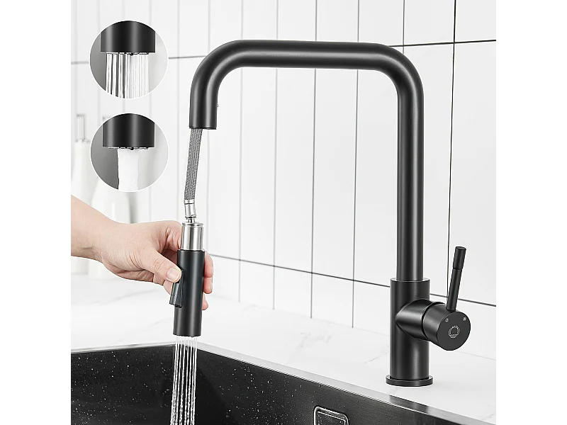 Mitigeur de Cuisine avec Douchette Extractible Cecipa max - Robinet en Inox Rotatif à 360 °Noir Robinet Douchette avec Barboteur Démontable,EU Modèle