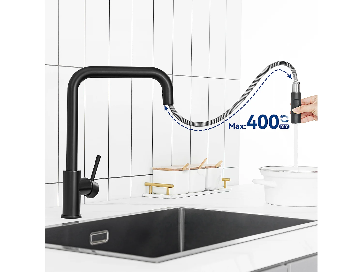 Keukenmengkraan met uittrekbare sproeikop Cecipa max - 360° draaibare roestvrijstalen kraan Zwarte sproeikraan met verwijderbare bubbler, EU-model