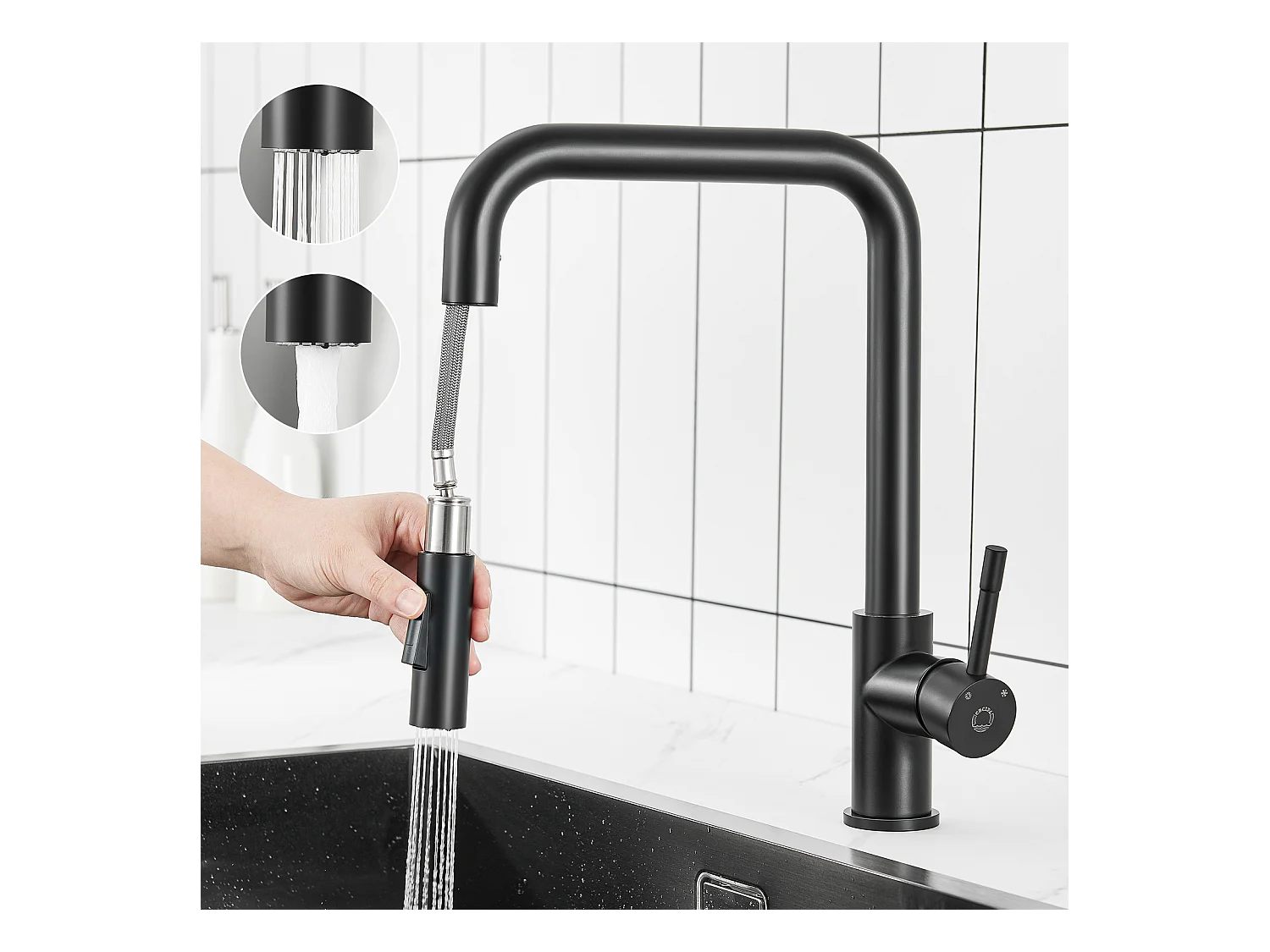 Mitigeur de Cuisine avec Douchette Extractible Cecipa max - Robinet en Inox Rotatif à 360 °Noir Robinet Douchette avec Barboteur Démontable,EU Modèle