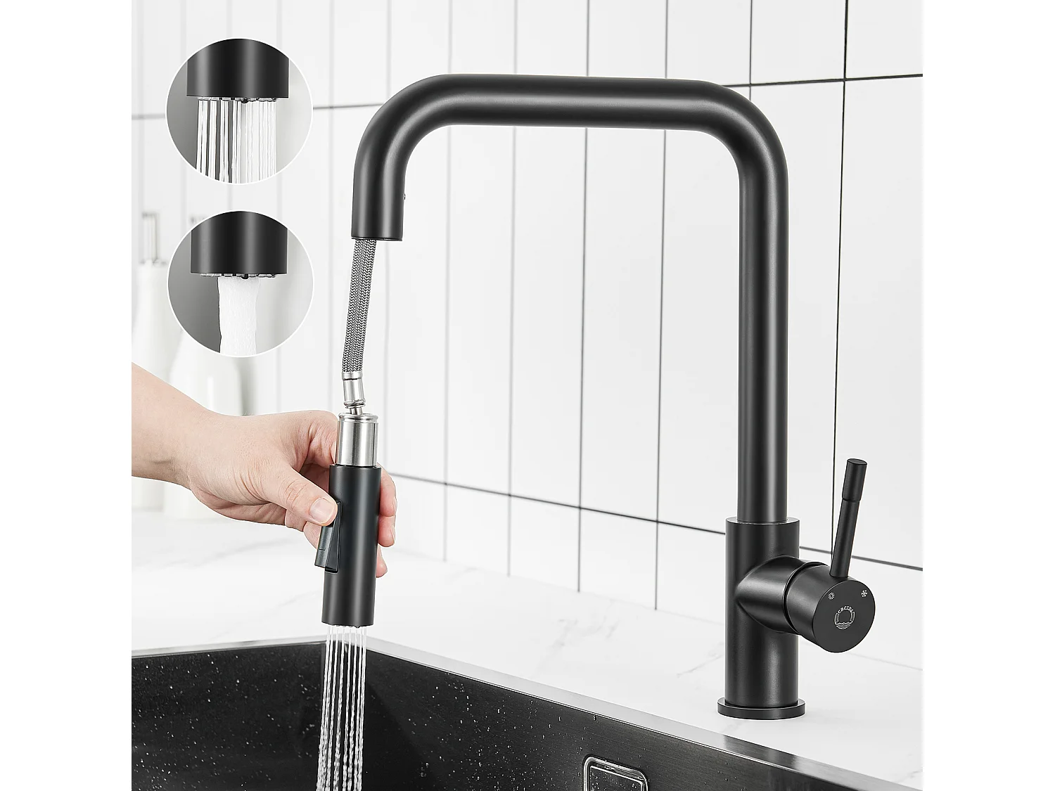 Mitigeur de Cuisine avec Douchette Extractible Cecipa max - Robinet en Inox Rotatif à 360 °Noir Robinet Douchette avec Barboteur Démontable,EU Modèle