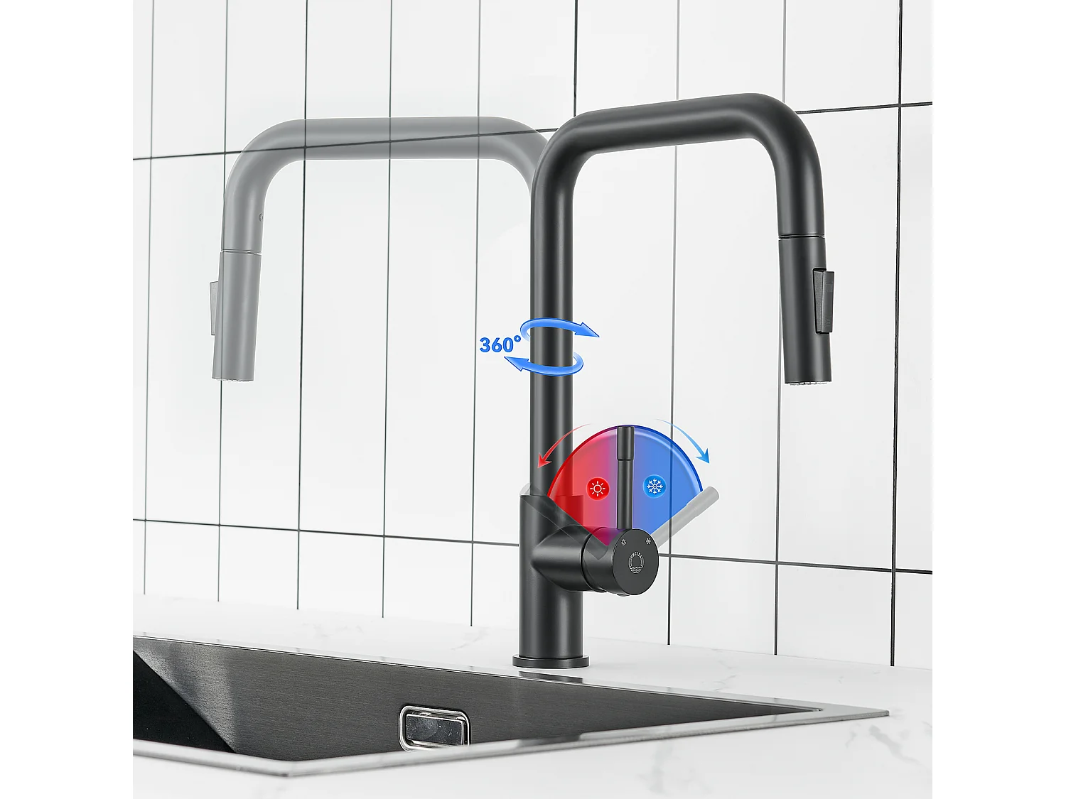 Mitigeur de Cuisine avec Douchette Extractible Cecipa max - Robinet en Inox Rotatif à 360 °Noir Robinet Douchette avec Barboteur Démontable,EU Modèle