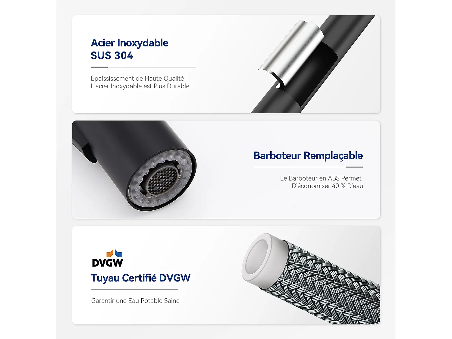 Mitigeur de Cuisine avec Douchette Extractible Cecipa max - Robinet en Inox Rotatif à 360 °Noir Robinet Douchette avec Barboteur Démontable,EU Modèle