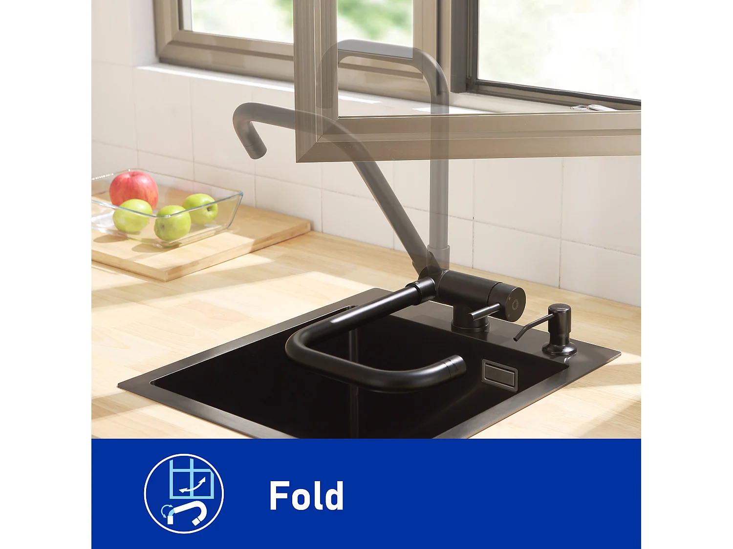 Cecipa max Mezclador de fregadero plegable - Grifo de cocina de acero inoxidable frente a la ventana - 2 modos de rociado - Negro, modelo UE