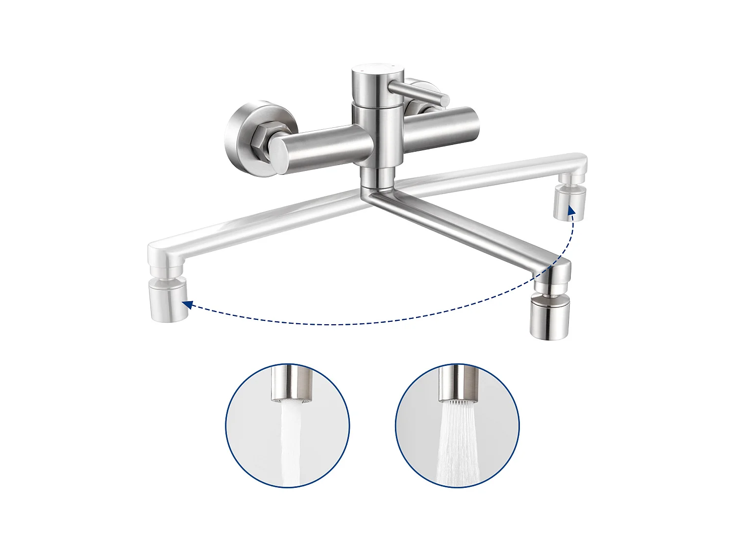 Cecipa max Miscelatore Cucina a Parete Spazzolato, Rubinetto Lavabo a Parete con 2 Getti, Miscelatore Cucina Girevole a 360°, Modello EU