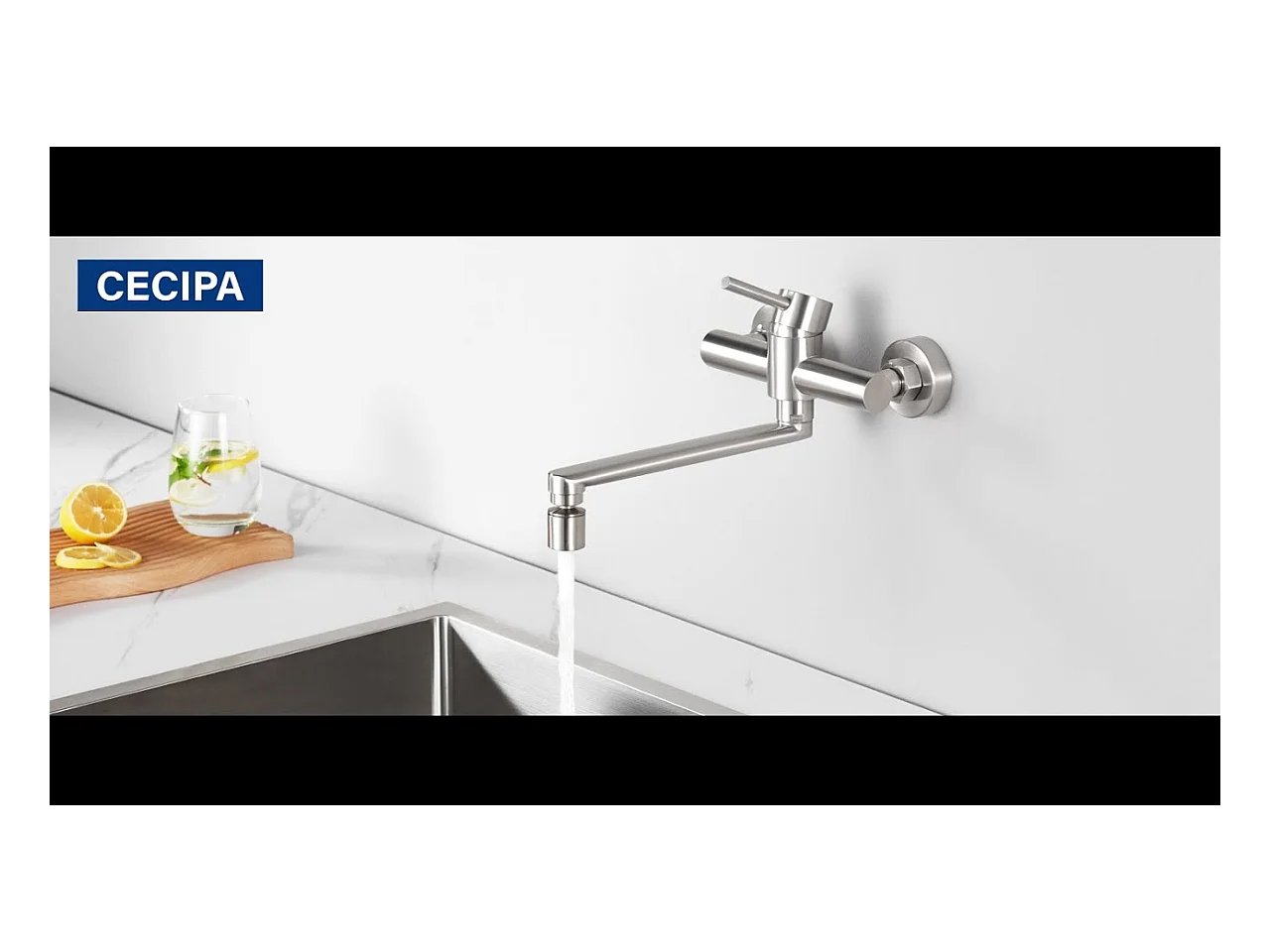Cecipa max Miscelatore Cucina a Parete Spazzolato, Rubinetto Lavabo a Parete con 2 Getti, Miscelatore Cucina Girevole a 360°, Modello EU
