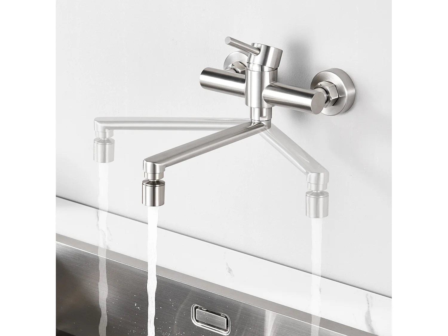 Cecipa max Miscelatore Cucina a Parete Spazzolato, Rubinetto Lavabo a Parete con 2 Getti, Miscelatore Cucina Girevole a 360°, Modello EU