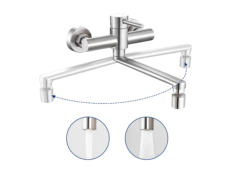 Cecipa max Mitigeur de Cuisine Mural Brossé, Robinet Evier Mural avec 2 Jets, Mitigeur Cuisine Pivotant à 360° Robinetterie d'évier,EU Modèle