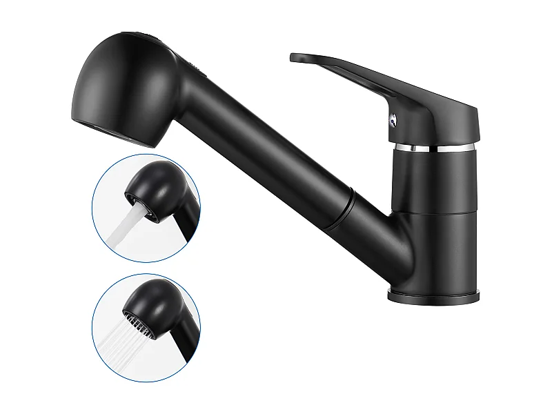 AuraLumMax Mezclador de CCocina con Ducha Extraíble,2 Modos Jet, Grifo Cocina Rotativo 360°,Agua Caliente/Fría,Cartucho de Cerámica, Negro,Modelo UE