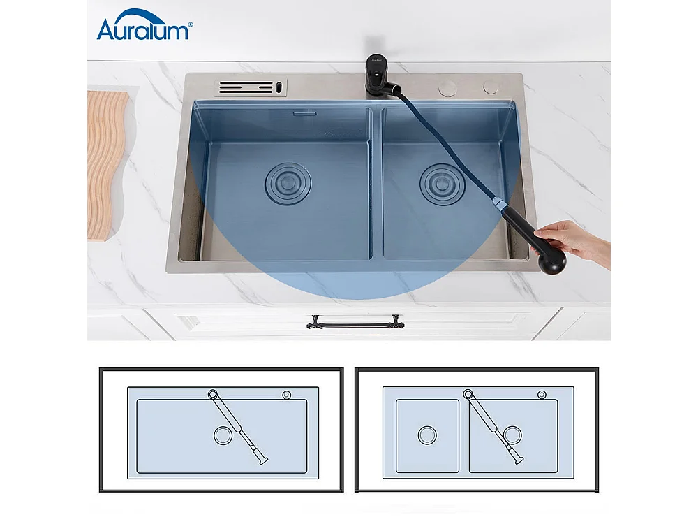 AuraLumMax Mitigeur Cuisine avec Douchette Extractible,2 Modes Jet,Robinet Cuisine Rotatif 360°,Eau Chaude/Froide,Cartouche Céramique,Noir,EU Modèle