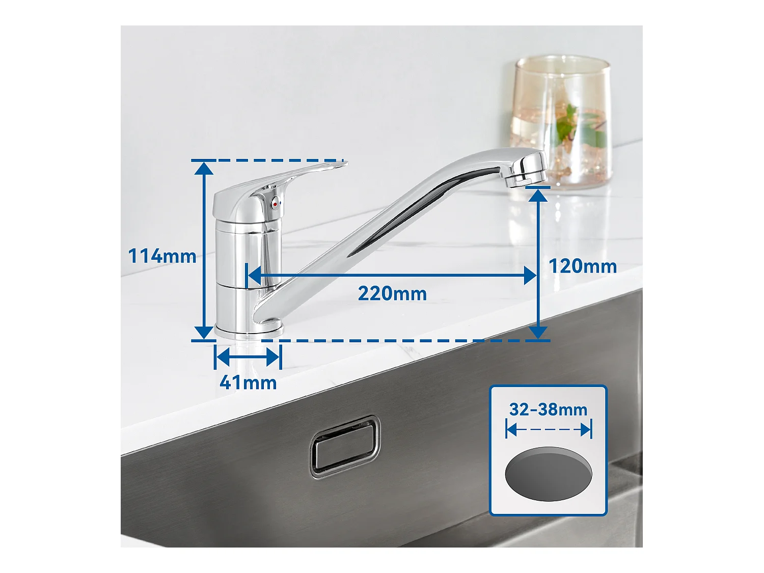 2-teilige Spültisch-Mischbatterie, 360 ° schwenkbarer Küchenhahn, Warm-/Kaltwasserleitungen und Zubehör sind komplett, Messing, Chrom