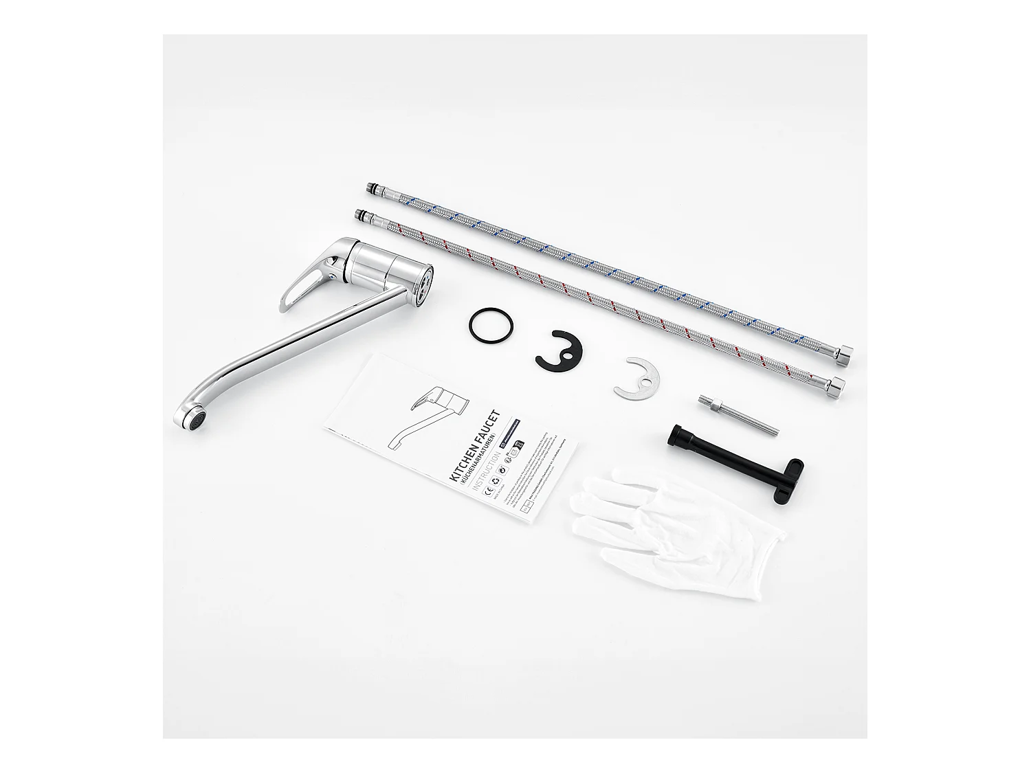 2-teilige Spültisch-Mischbatterie, 360 ° schwenkbarer Küchenhahn, Warm-/Kaltwasserleitungen und Zubehör sind komplett, Messing, Chrom