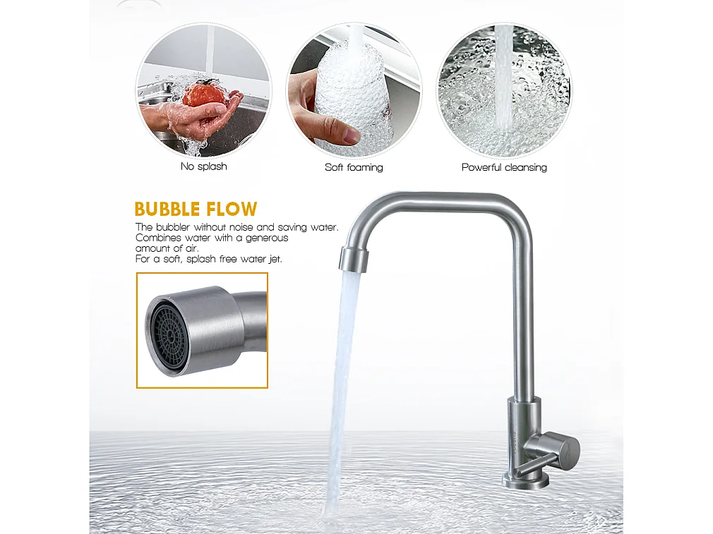 Grifo de Cocina de Agua Fría, Pivotante de 360°, Grifo de Fregadero de Agua Fría de Palanca Única, Acero Inoxidable- Cepillado