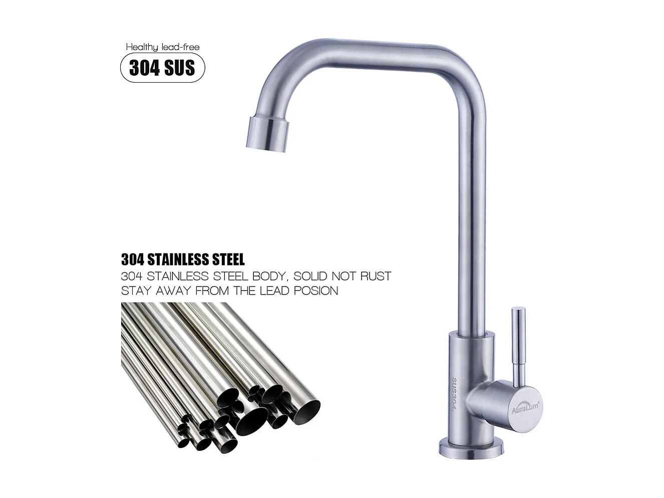 Grifo de Cocina de Agua Fría, Pivotante de 360°, Grifo de Fregadero de Agua Fría de Palanca Única, Acero Inoxidable- Cepillado