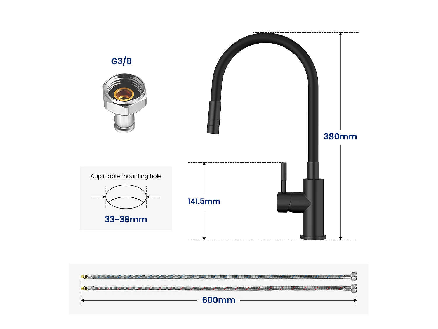 2PCS Robinet Cuisine Flexible Robinet avec 2 Types de Jets, Mitigeur Cuisine Rabattable, Flexible Mitigeur Evier avec Eau Chaude et Froide (Noir)